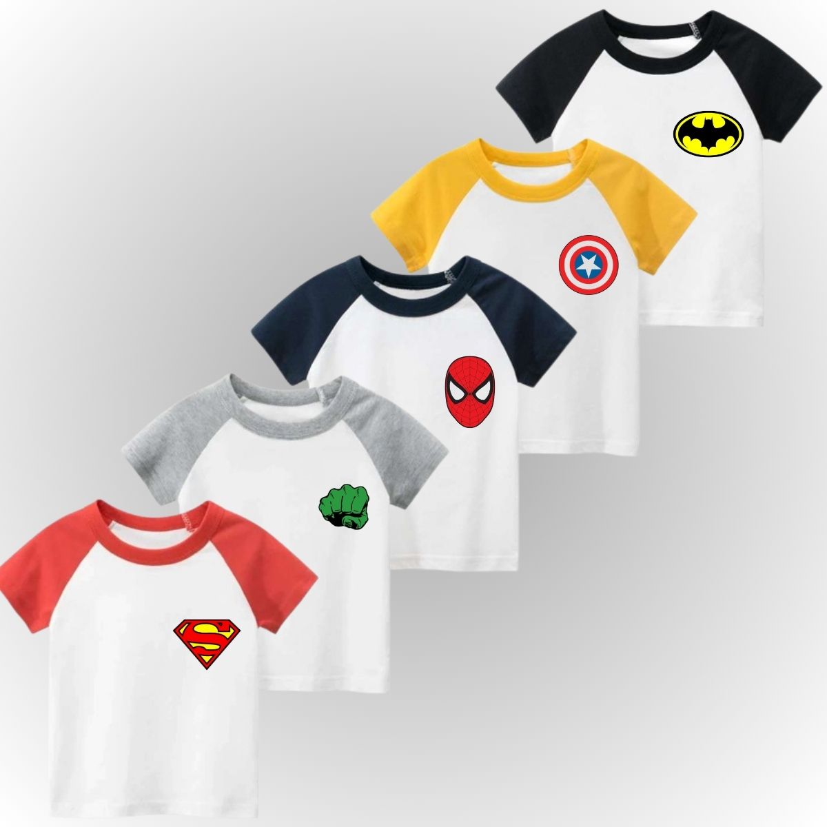Pack of 5 Raglan Super Hero Logo Half Sleeve Tshirts for Kids