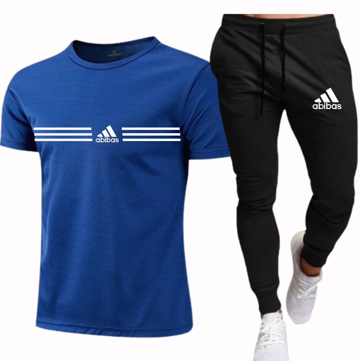 A men's blue tracksuit with white stripes on the sleeves and Adidas branding on the chest shirt, and black pants with Adidas branding on the leg.