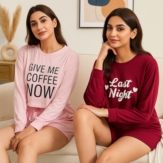 Pack of 2 Full Sleeve Short Night Suit for Women