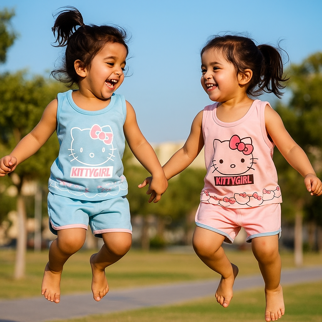 Pack of 2 Kitty Girl Short Printed Sando Suits for Kids