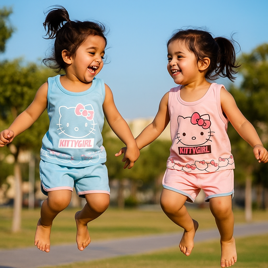 Pack of 2 Kitty Girl Short Printed Sando Suits for Kids