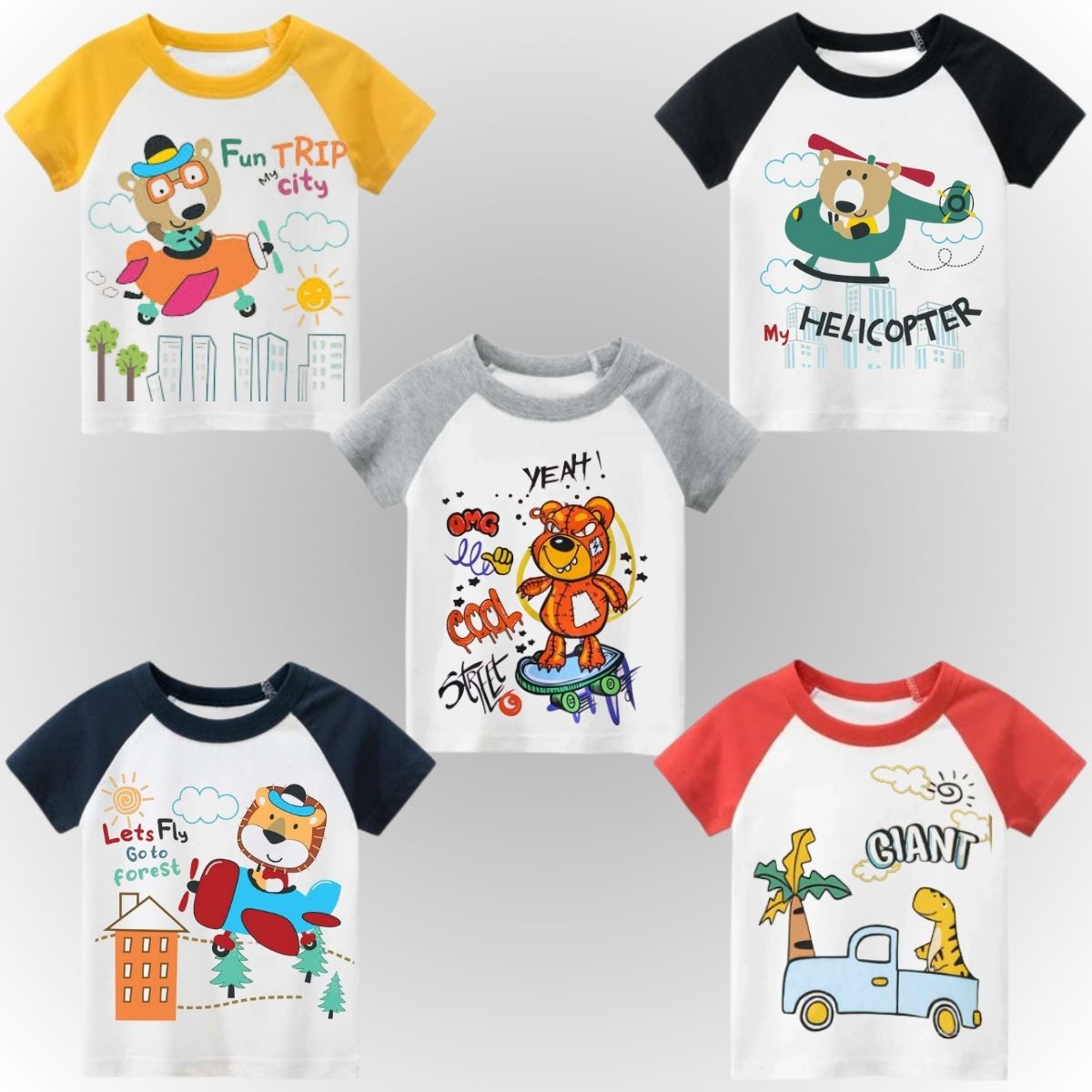 Pack of 5 Raglan Printed Half Sleeve Tshirts for Kids