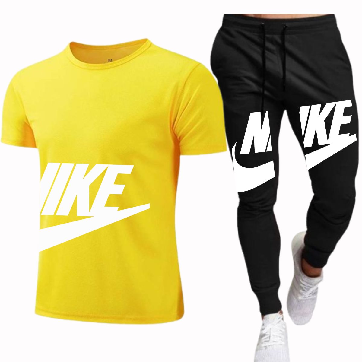 A tracksuit with a half sleeve yellow t-shirt and black pants with a large white 'IKE' logo on the shirt and pants.